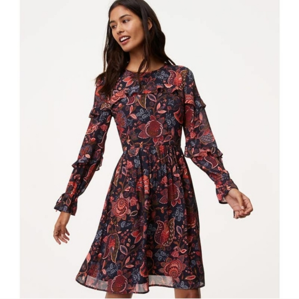 Loft Hydrangea Bouquet Ruffle Long-sleeved Dress Size 6 Black Orange Teal